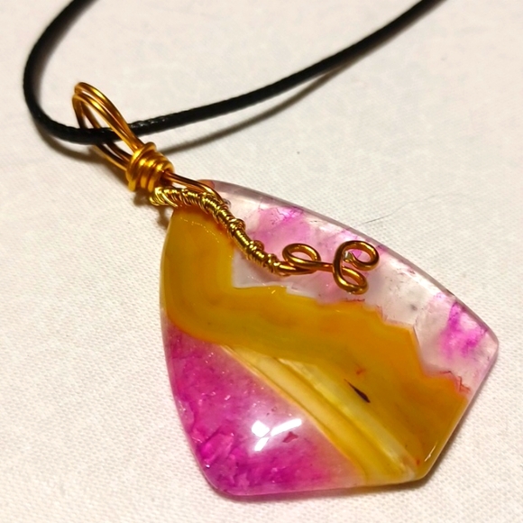 Pink yellow botswana lace agate pendant gold wire white swirl wrap handmade gem - Picture 2 of 5